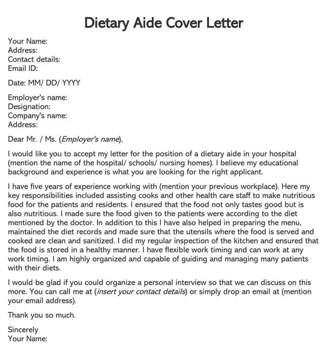 Printable Dietary Aide Cover Letter Example