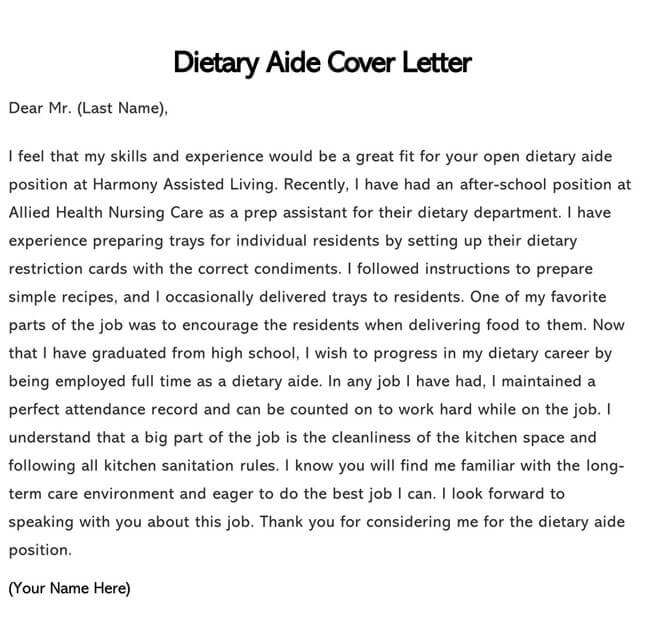 Free Dietary Aide Cover Letter Sample