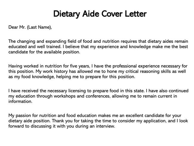 Printable Dietary Aide Cover Letter Template