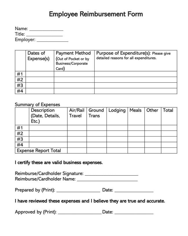 Free Printable Employee Reimbursement Form 01 for Word Document