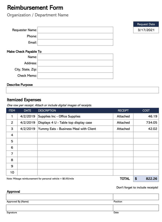 Free Printable Employee Reimbursement Form 02 for Excel Sheet