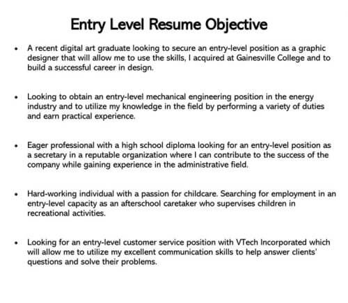 sample resume objective for entry level position