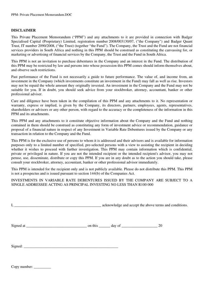 Editable Private Placement Memorandum PDF