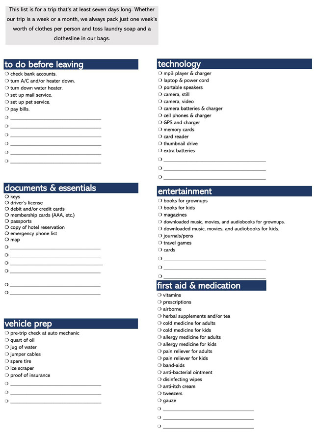 Free travel packing checklist template