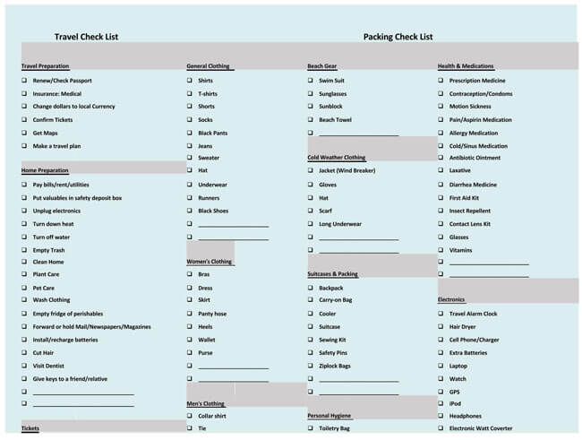 Convenient travel packing checklist template