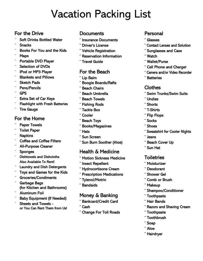 Word travel packing checklist template