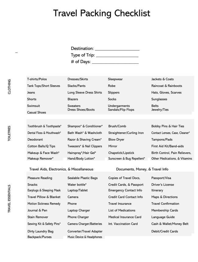 Word template for the ultimate travel packing checklist
