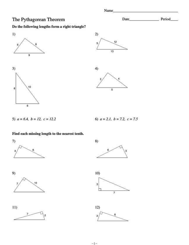 Pythagorean Theorem Worksheet 01