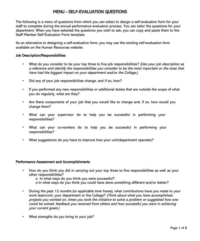 Editable Self-Evaluation Template 10 for Word