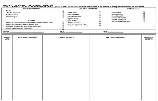 Great Fillable Health and Physical Education Unit Planning Template 03 for Word Document