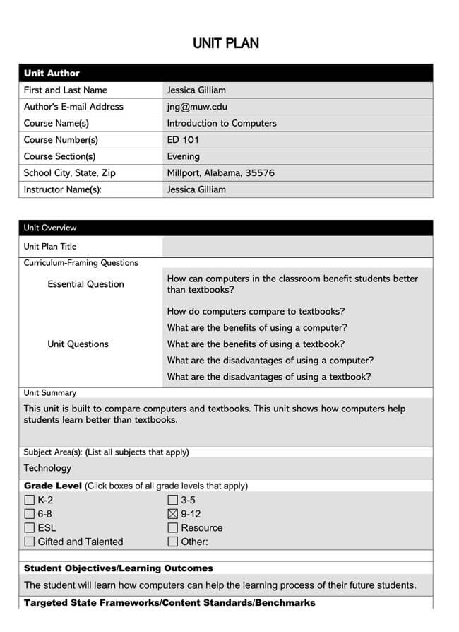 Professional Printable Introduction to Computers Unit Planning Template for Word File