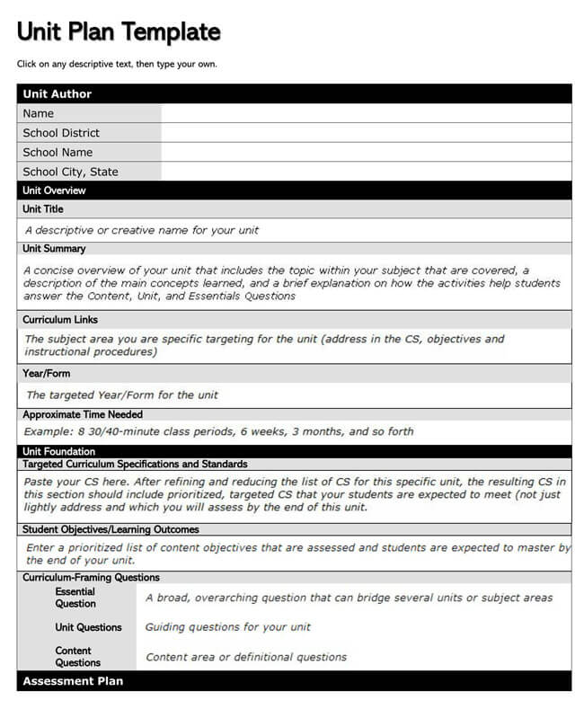 Great Customizable Unit Plan Template 02 for Word File
