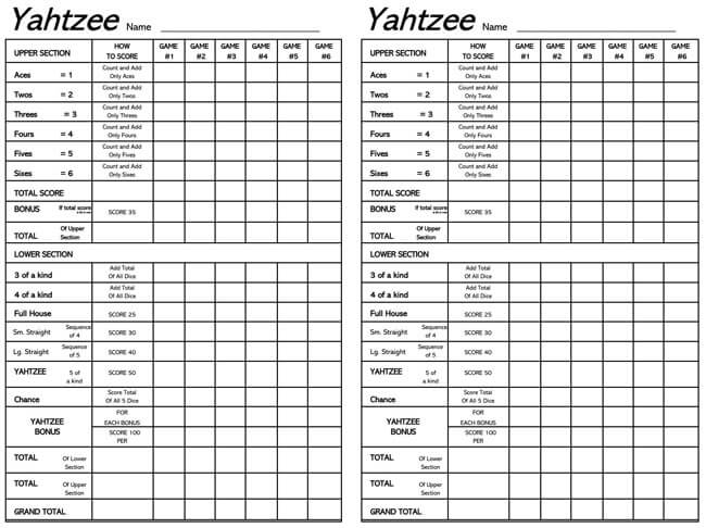 Yahtzee Score Sheets 01