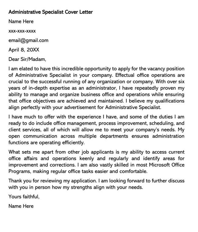 Free Cover Letter Example for Administrative Specialist
