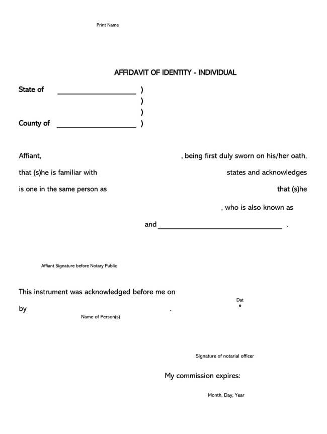 Free Affidavit of Identity Form - Editable Template