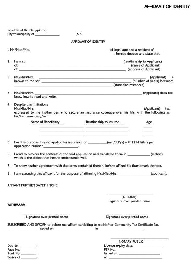 Printable Affidavit of Identity Form - Fillable PDF