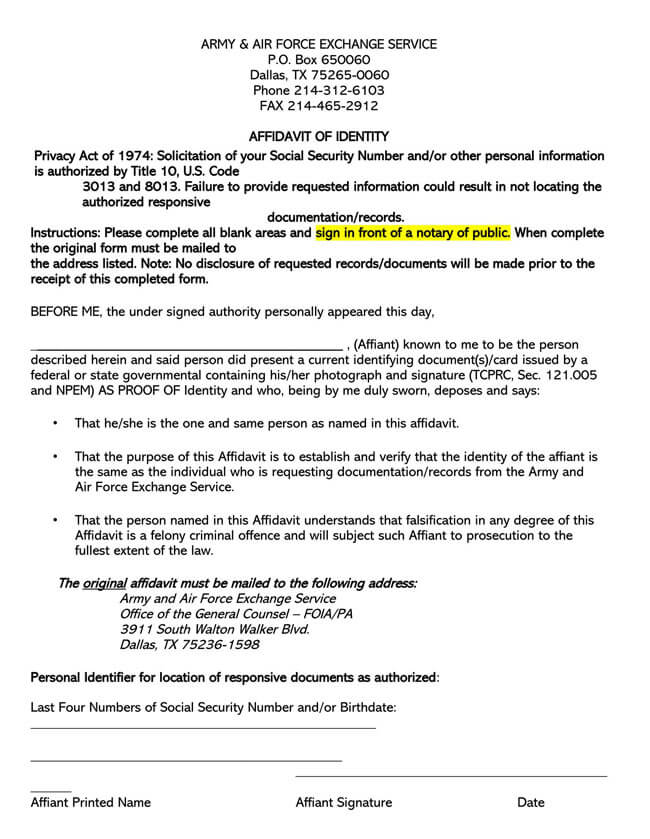 Example of Affidavit of Identity Form - Editable PDF