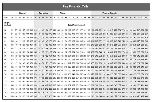 Free Printable BMI Chart Table with Weight and Height Options for Pdf Format