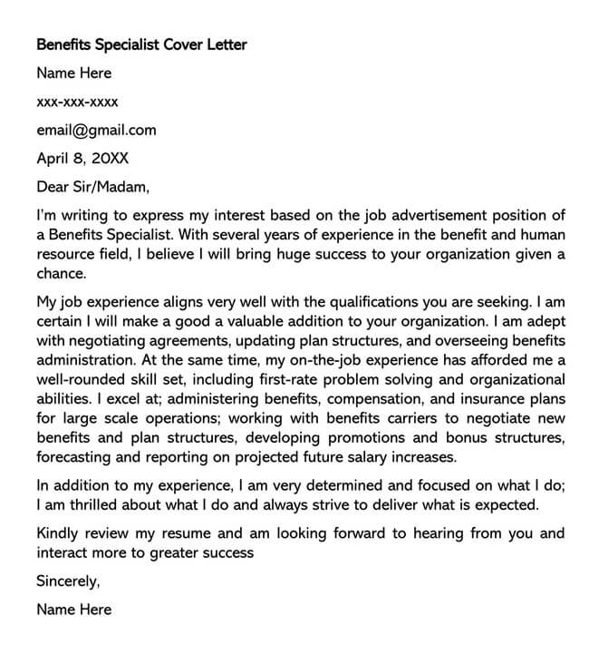 Benefits Specialist Cover Letter