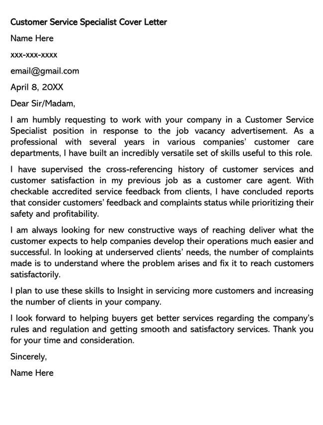 Sample Cover Letter for Customer Service Specialist Job