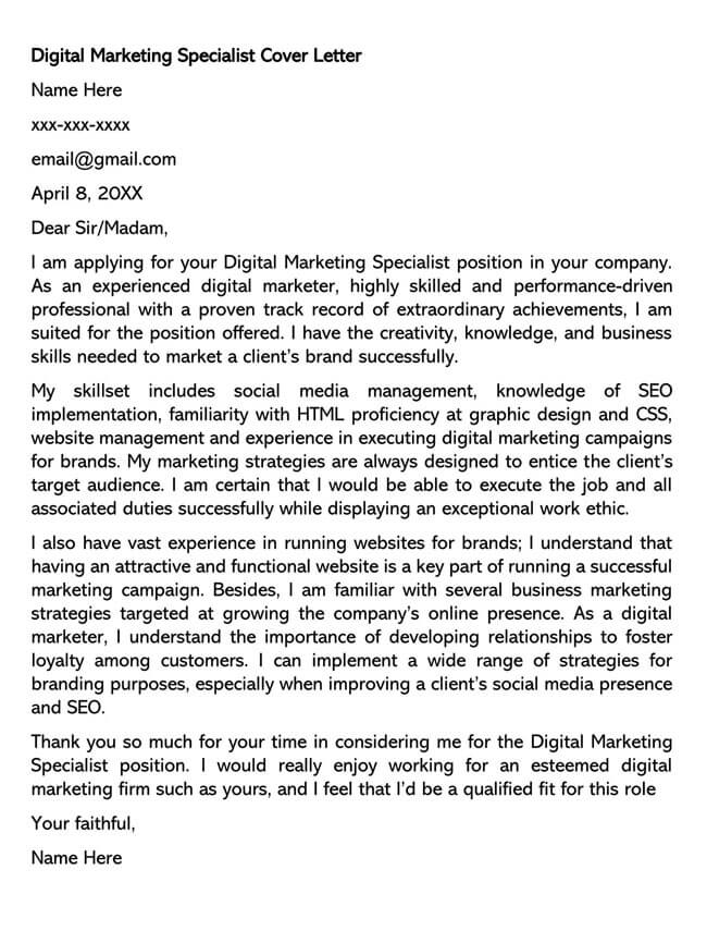 Editable Cover Letter Template for Digital Marketing Specialist