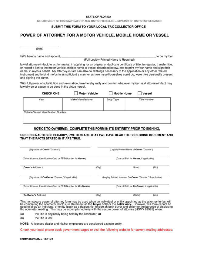 Florida Motor Vehicle POA Form