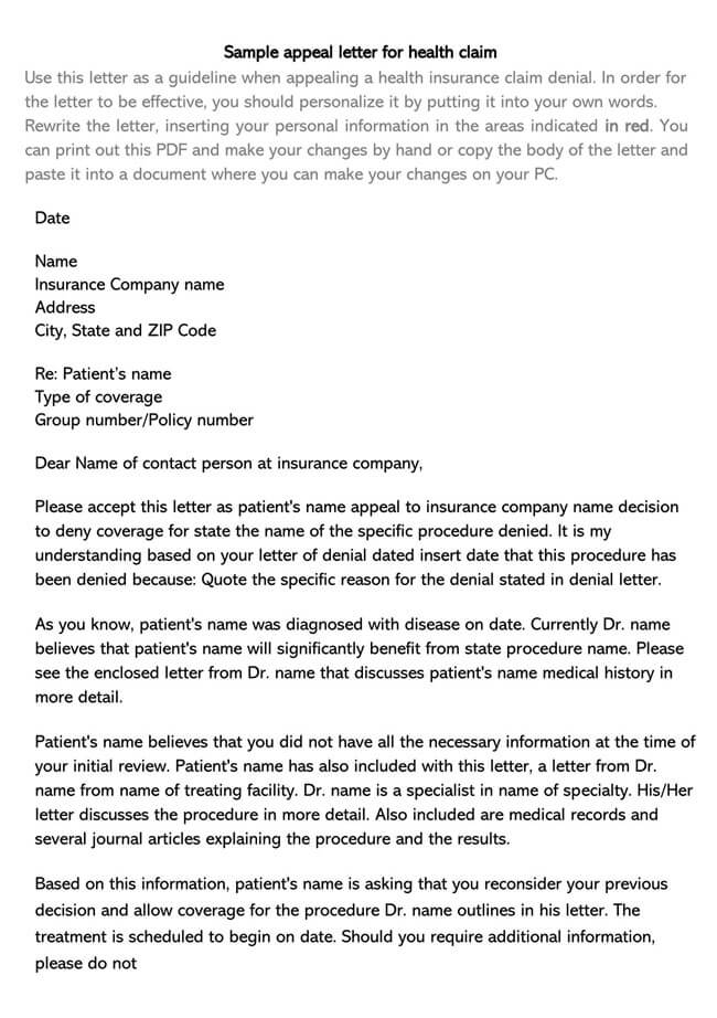 Free Printable Health Claim Appeal Letter