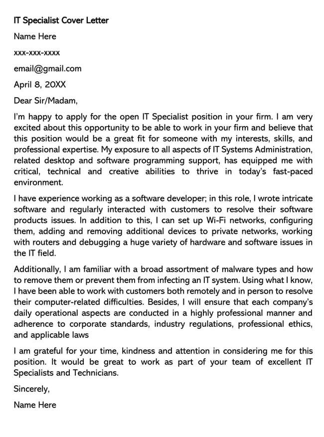 IT Specialist Cover Letter Sample in PDF