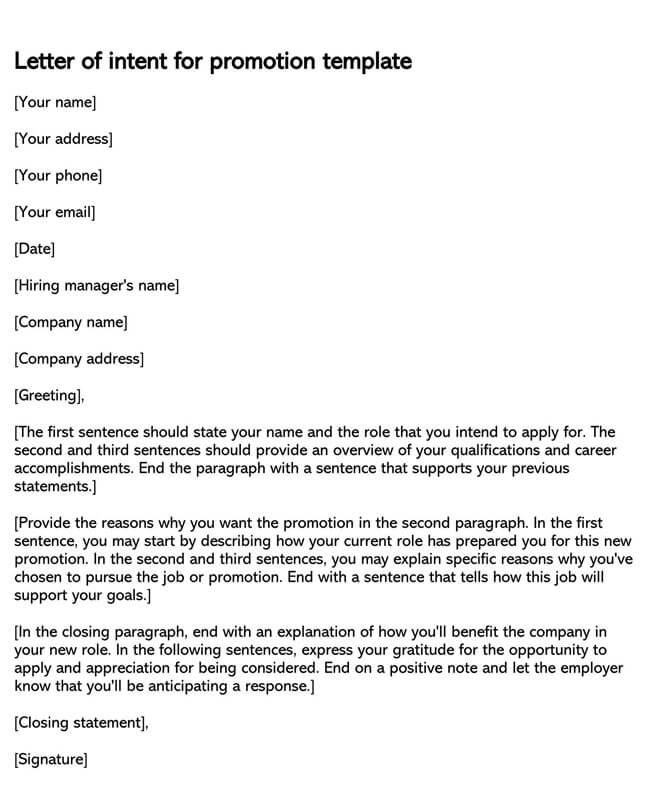 Printable job promotion letter of intent sample 03
