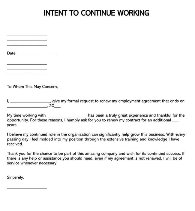 Letter of Intent to Continue Working