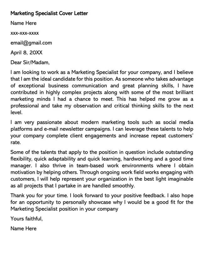 Free Editable Cover Letter Template for Marketing Specialist