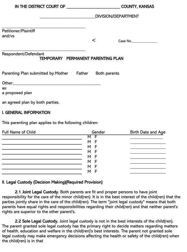 Free Printable Parenting Plan Template 01