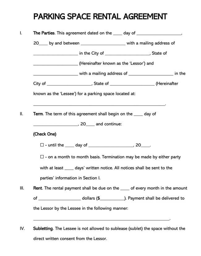 Free Editable Parking Space Rental Lease Agreement Template in Word Format