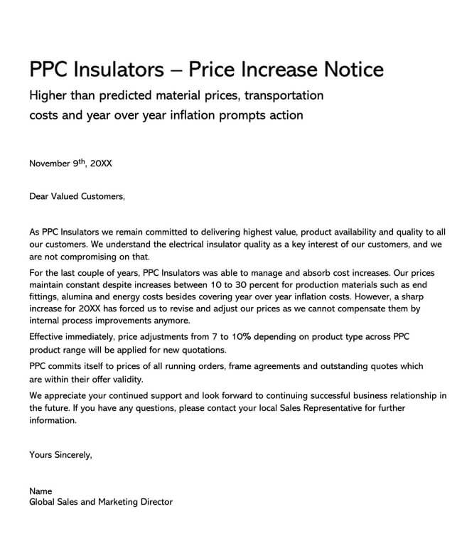 Editable Price Increase Letter Example 05