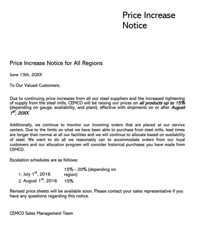 Price Increase Letter Template Example 18