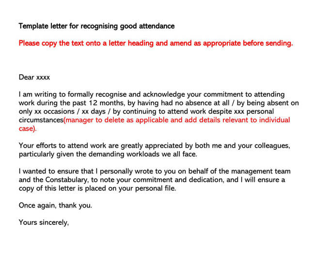 Free Recognition Letter for Good Attendance in Word