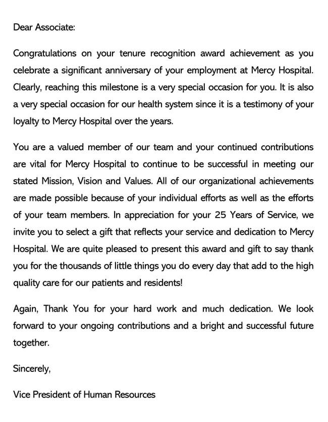 Recognition Letter for Service Anniversary 02