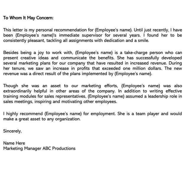 Recommendation Letter From Manager Template 09