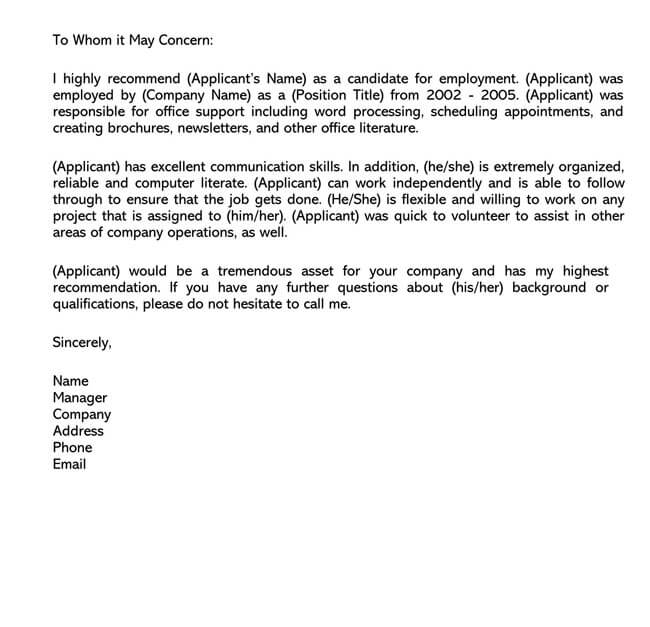 Recommendation Letter From Manager Template 15