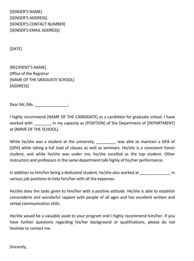 Teacher's Letter of Recommendation for Student – Printable