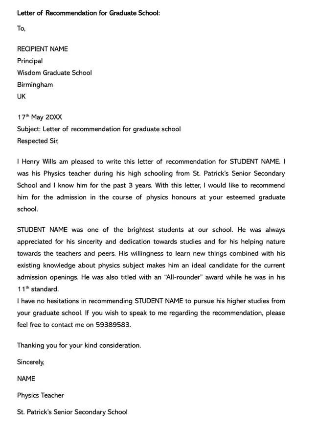 Recommendation Letter From Teacher Template 12