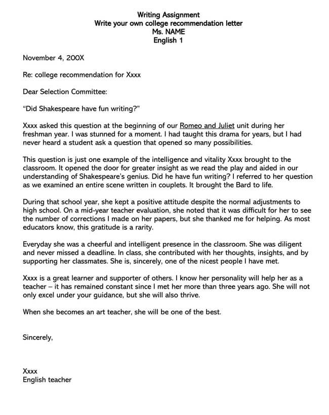 Recommendation Letter From Teacher Template 20