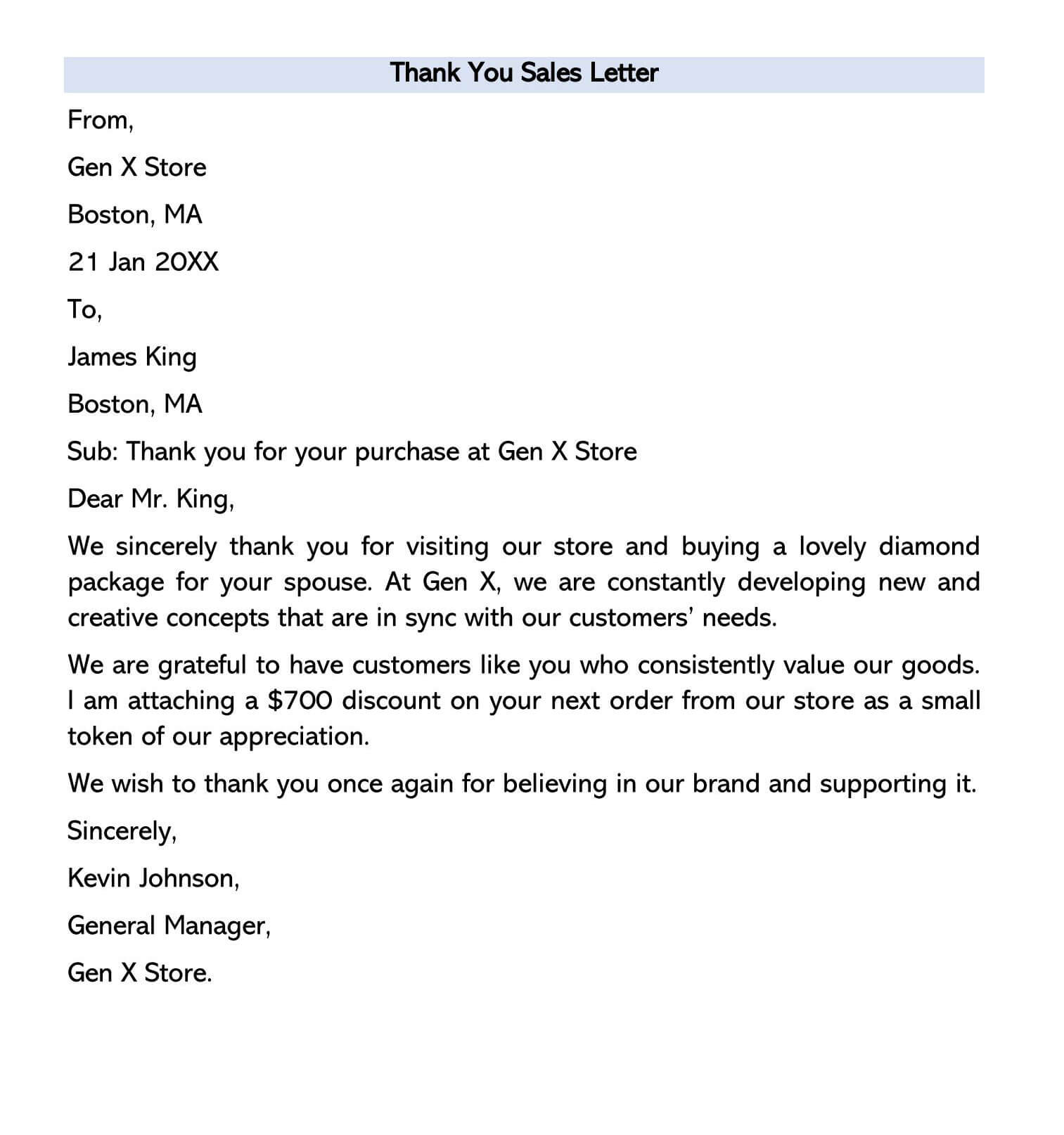 Free Comprehensive Gen X Store Sales Letter Sample for Word File