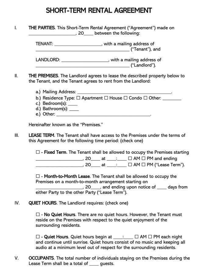 Short Term Vacation Lease Agreement - Free Form