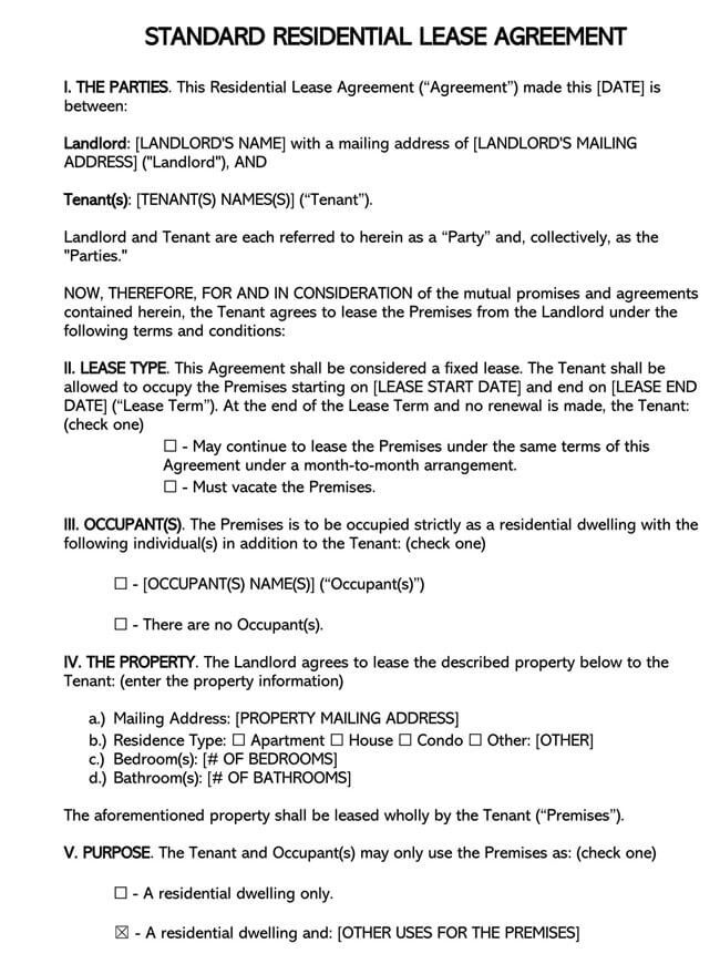 Free Printable Standard Residential Lease Agreement Template in Word Format