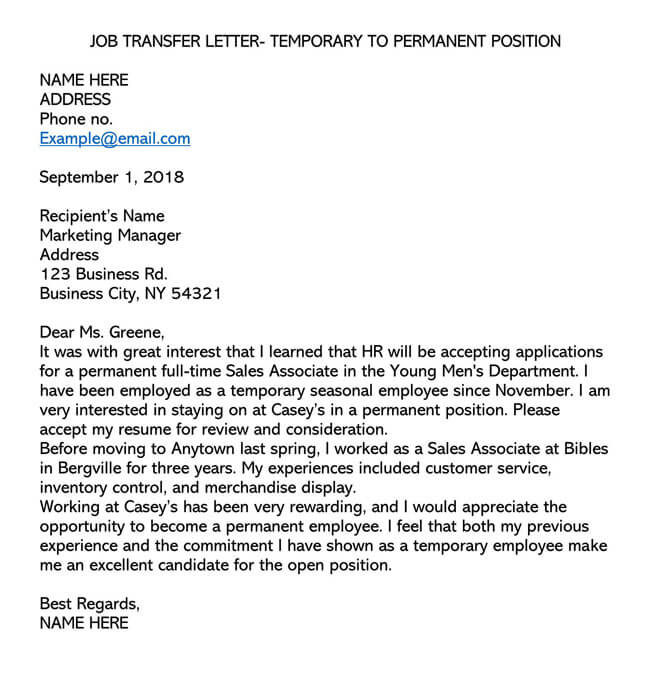 Free Temporary to Permanent Employment Request Letter Example