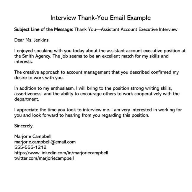 Editable thank you email after an interview sample