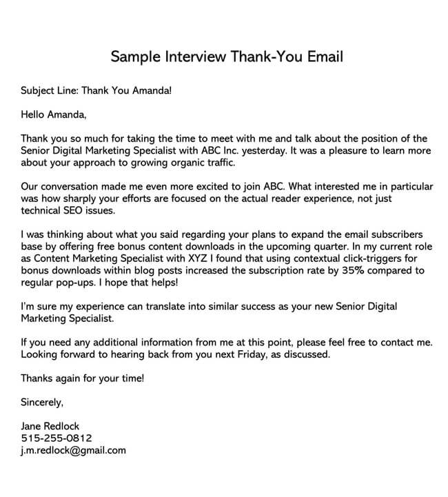 Professional Digital Marketing Specialist After Interview Thank You Email Sample as Word File