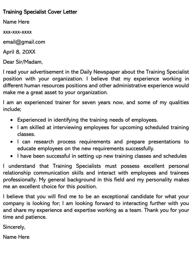 Training Specialist Cover Letter Example with Free Download