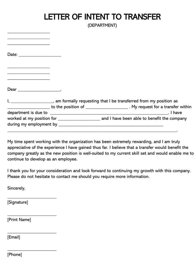 Transfer Department/Job Letter of Intent - Free Template 01
